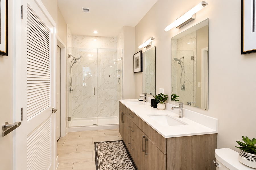 Spacious two sink bathroom with walkin shower