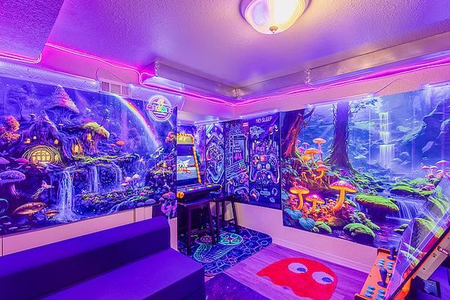 Arcade (Downstairs): Step into a vibrant, retro-inspired game haven! Blacklights and colorful lighting set the mood. Play hundreds of classic games on two retro-style multi-game arcade cabinets. All free to play! Fun for kids, teens, and adults alike.