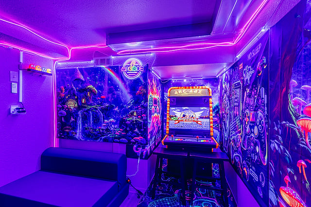 Arcade (Downstairs): Step into a vibrant, retro-inspired game haven! Blacklights and colorful lighting set the mood. Play hundreds of classic games on two retro-style multi-game arcade cabinets. All free to play! Fun for kids, teens, and adults alike.
