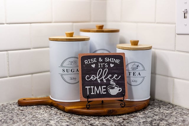 Coffee bar - ground coffee, decaf coffee, sugar, Splenda, creamer, and a variety of teas