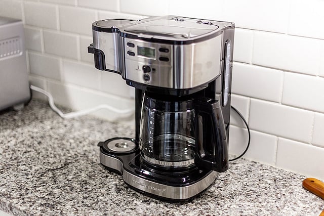 12-cup coffee maker. It can also make individual cups. It uses ground coffee only, NOT pods.