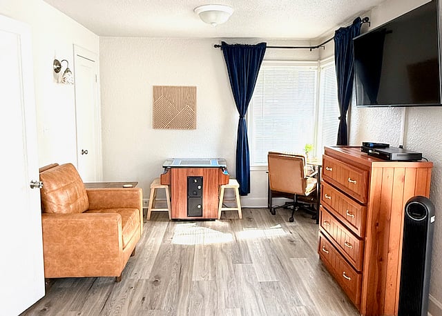Primary Bedroom (upstairs): King bed with hybrid memory foam mattress, fireplace-style space heater, tower fan, swivel smart TV & Blu-ray, comfy chair, workspace, lots of natural light, sit-down arcade game, 2 closets, and mountain-themed decor.