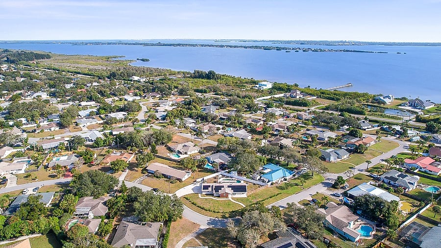 Aerial facing NE towards Cape Canavaeral and Space Center.