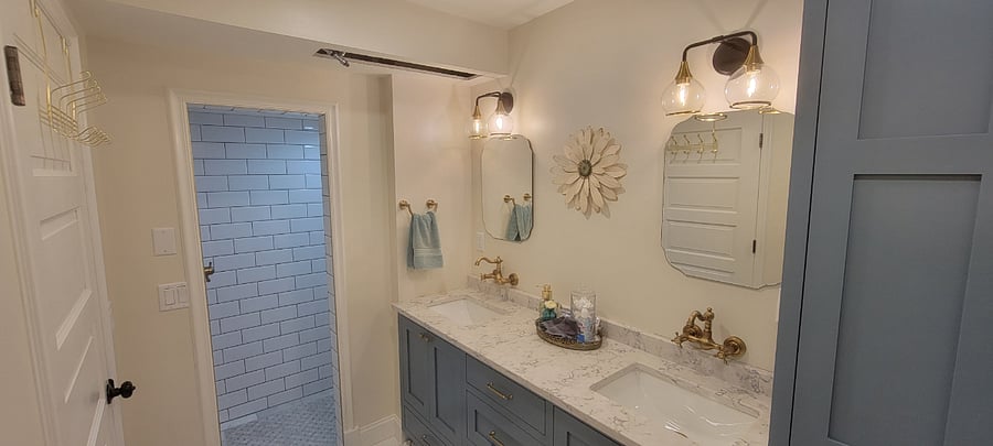 Bath with 2 sinks and walk in rain shower