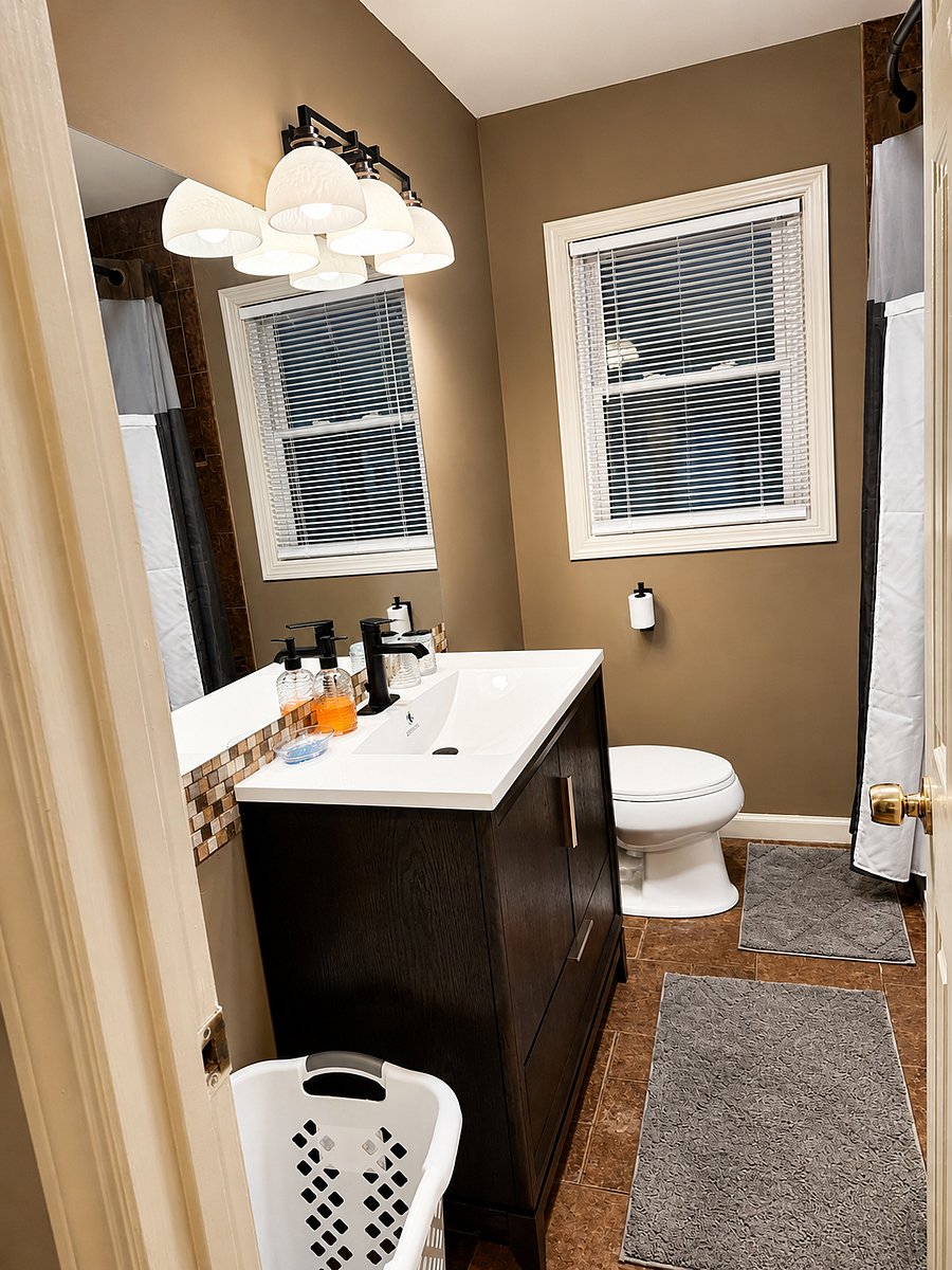 Modern bathroom with updated vanity and bright lighting