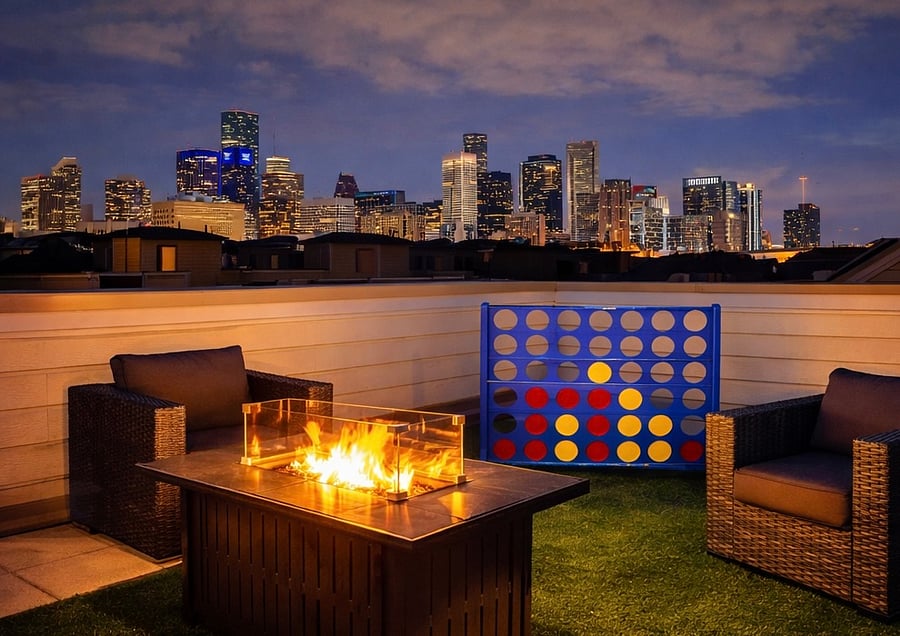 Skyline rooftop view with furniture 