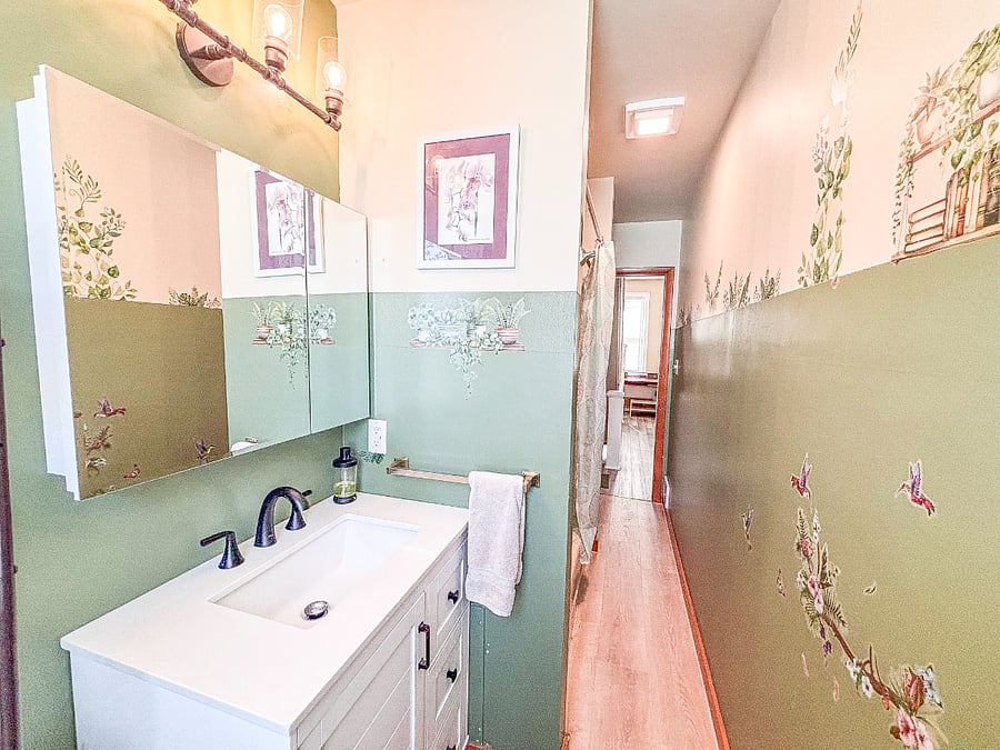 Old style bathroom, full closet at the end for towels and more storage