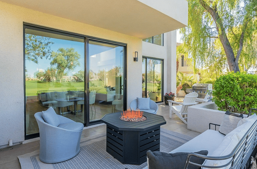 Gas fire table, covered patio