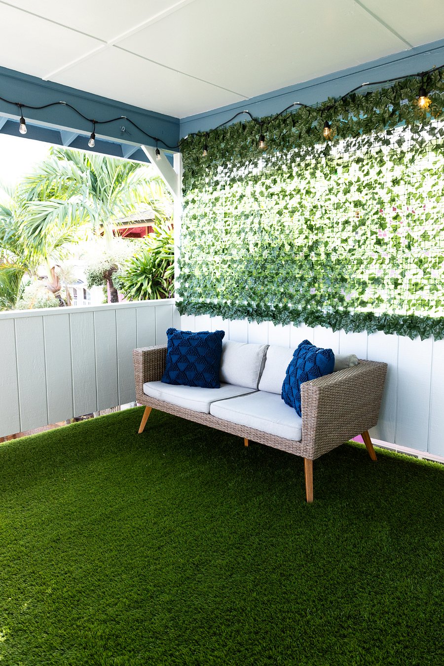 Private lanai overlooking Mt. Kaala. 
Includes a seating with a table, a couch, a hammock, and hand weights from 10 lbs - 30 lbs. Also includes misc. beach toys, chairs, cooler. 
