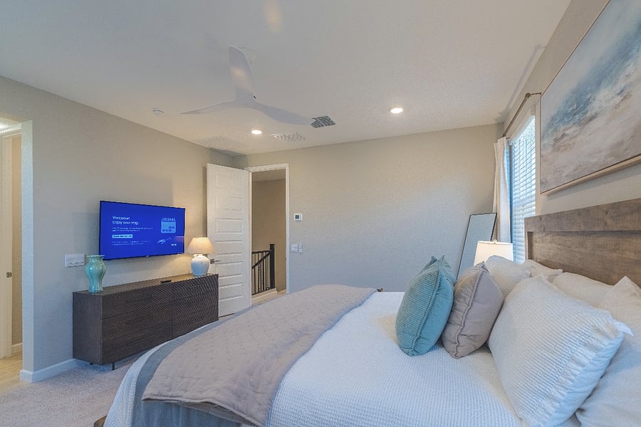 Inviting master bedroom with plush bedding, neutral tones, and modern furnishings.