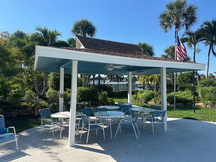 One of several poolside cabana areas