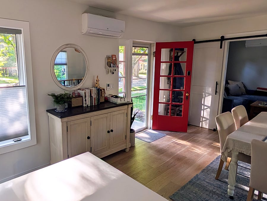 Dining room sideboard with cookbooks and games