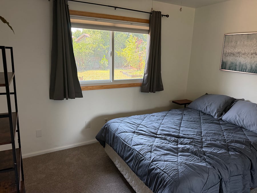 South bedroom- queen sized bed, room darkening curtains
