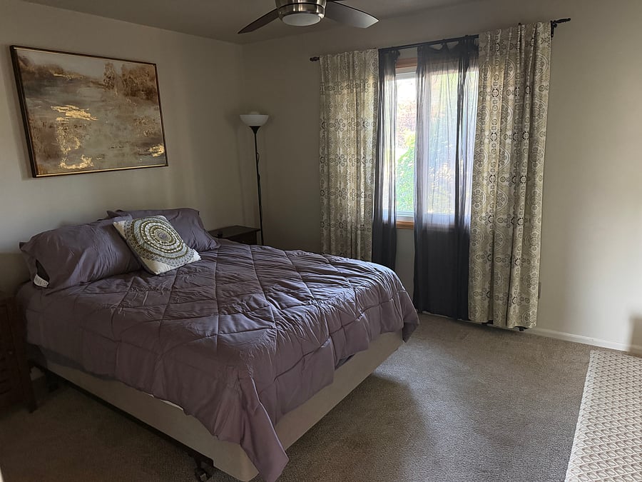 Main bedroom - queen sized bed, closet organizer, smart TV