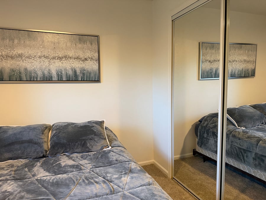 South bedroom - Queen sized bed, room darkening curtains 