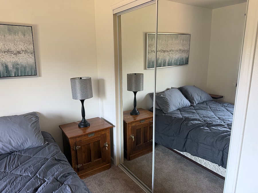 South bedroom- queen sized bed, room darkening curtains