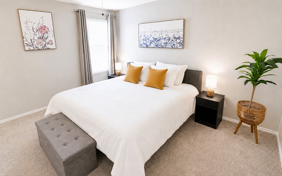 Bedroom 1 - Spacious King bedroom with soft lighting, comfortable bedding, a smart TV and a walk-in closet
