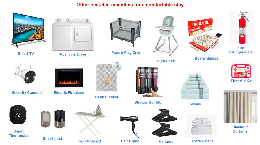 Extra amenities include washer/dryer, baby gear and beyond-basics essentials to make you feel at home