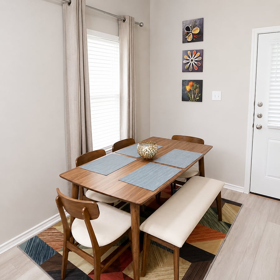 Dining area with seating for shared meals and game nights