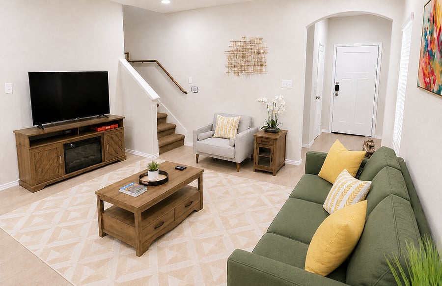 Bright and welcoming living room with ample comfortable seating, smart TV and a workstation