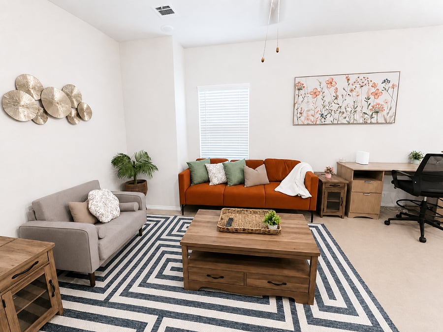 Living room lounge area with a comfortable sofa and a workstation
