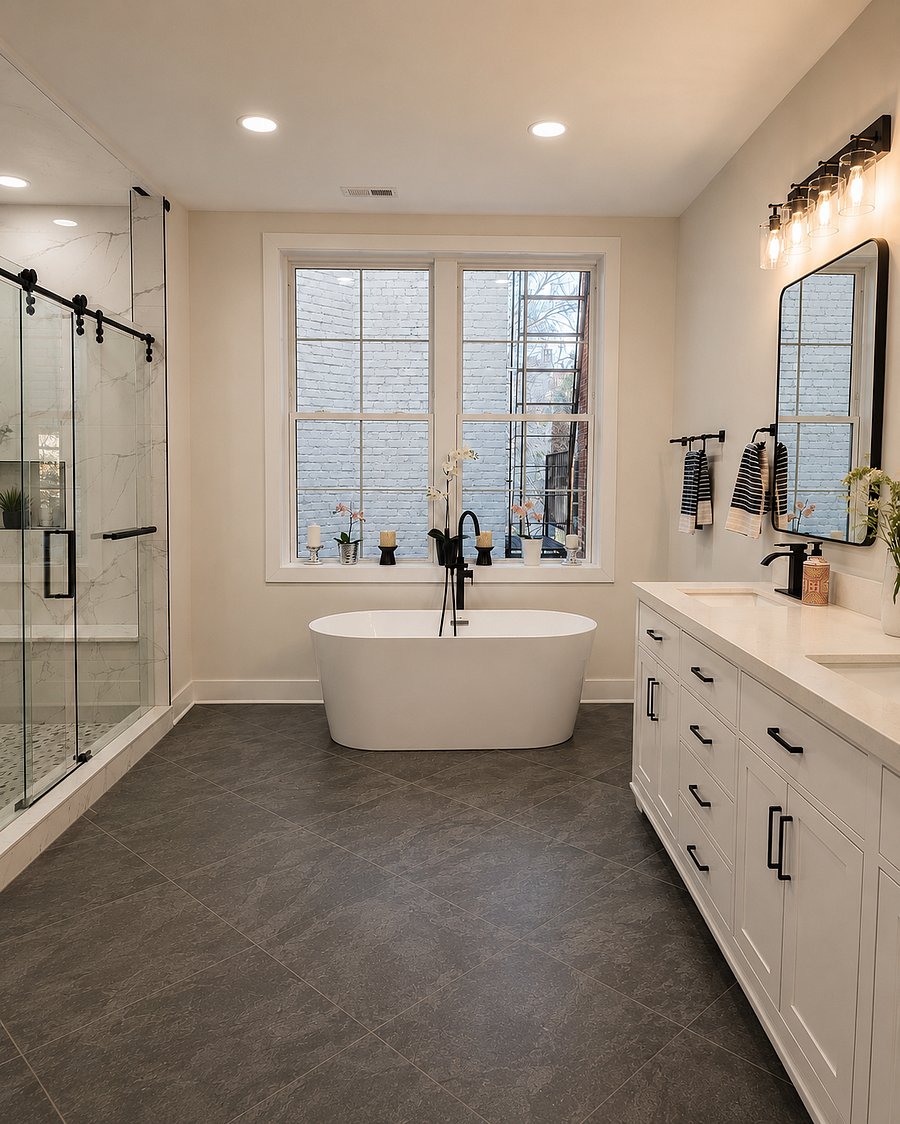 Luxurious Spa-Inspired Primary Bathroom, this stunning, spa-like primary bathroom designed with comfort and elegance in mind. The space features a beautiful freestanding soaking tub centered beneath a large picture window, creating a serene retreat filled with natural light. A spacious glass-enclosed walk-in shower showcases modern tile finishes and sleek black hardware, while the oversized dual-sink vanity offers abundant storage, quartz countertops, and stylish designer lighting. Rich gray tile flooring, contemporary fixtures, and thoughtful details throughout combine to create a sophisticated and inviting atmosphere perfect for everyday luxury.