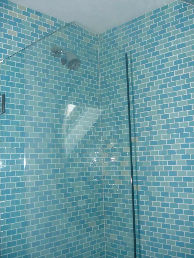 glass door and glass tile shower under eave