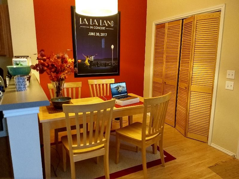 Shared dining area with a large table that can be used as a work area.