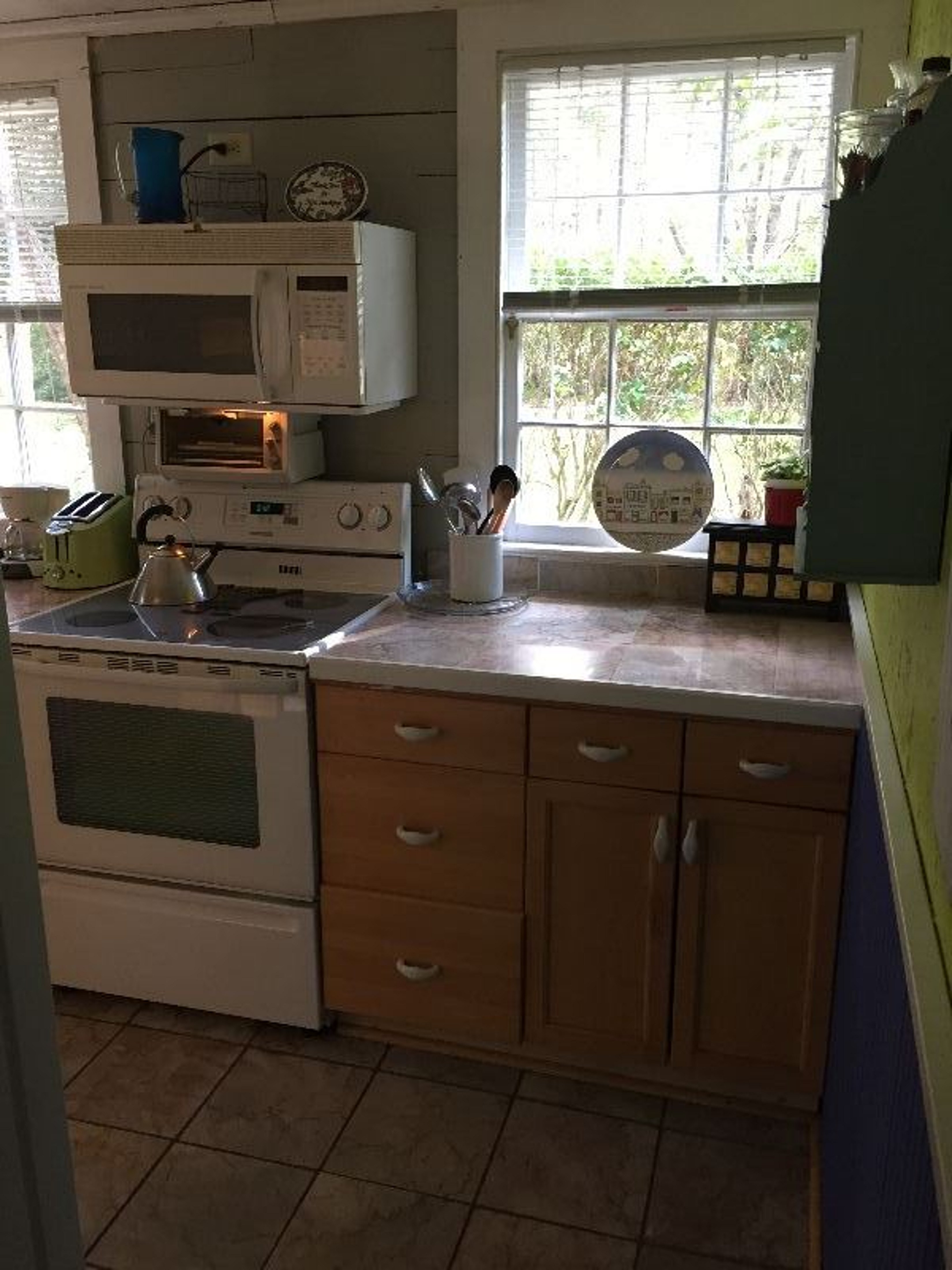 Full-sized appliances in kitchen with garden view